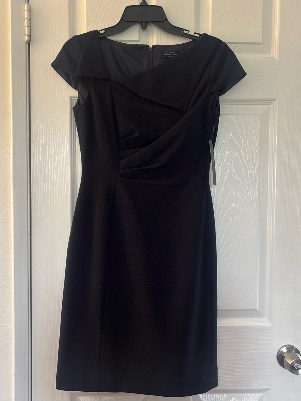 Tahari Navy Midi Sheath Dress with Draped Bodice